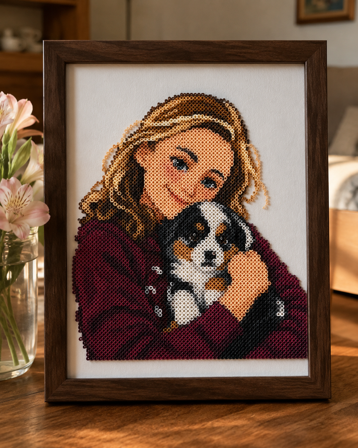 You & Me in Pixels—Custom Owner & Pet Portrait Perler Bead Art