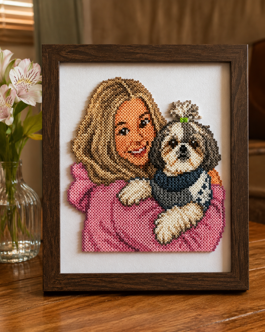 You & Me in Pixels—Custom Owner & Pet Portrait Perler Bead Art